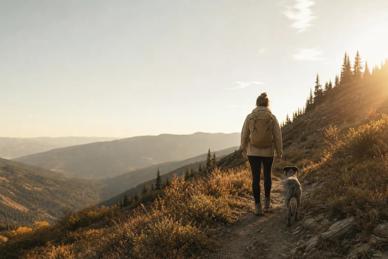 A hiker and her dog on a mountain trail at golden hour