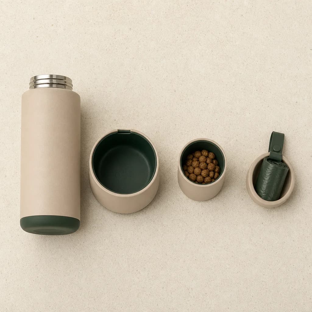 TrailBottle components laid out: bottle, bowl, treat compartment and bag holder